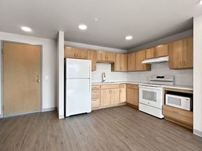 St. Paul apartment for rent - a kitchen with white appliances and wooden cabinets