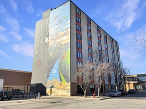 Mankato apartment for rent - A large mural on the side of a building depicts a scene with birds and a body of water.