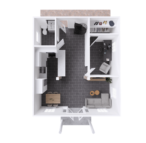 Floor plan for 1 bed, 2 baths, 940 sqft