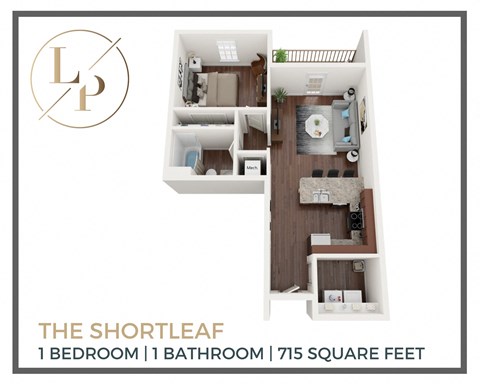 Floor plan for 1 bed, 1 bath, 715 sqft