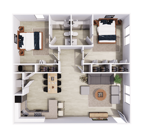Floor plan for 2 beds, 2 baths, 987 sqft