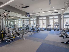 Houston apartment for rent - a gym with cardio equipment and windows in a building