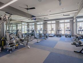 Houston apartment for rent - A spacious gym with a variety of equipment and a blue carpet.