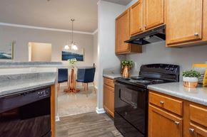 Macon apartment for rent - A kitchen with a black stove top oven and wooden cabinets.