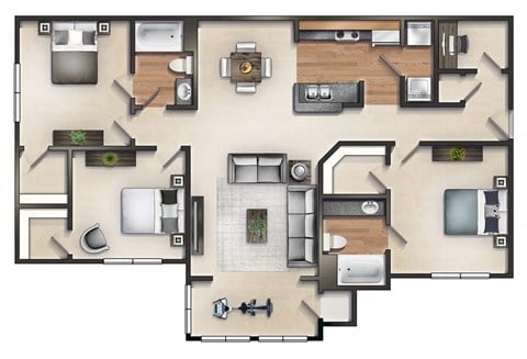 Floor plan for 3 beds, 2 baths, 1360 sqft