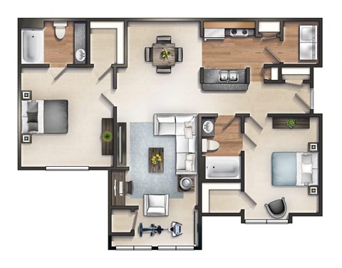 Floor plan for 2 beds, 2 baths, 1127 sqft