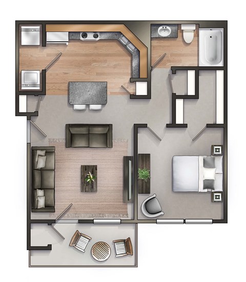 Floor plan for 1 bed, 1 bath, 727 sqft