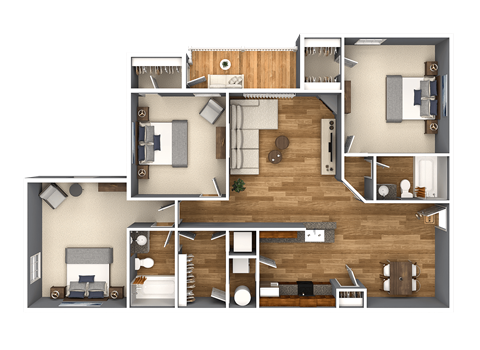 Floor plan for 3 beds, 2 baths, 1374 sqft