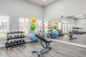 Macon apartment for rent - a gym with exercise equipment and weights on the floor and a large window