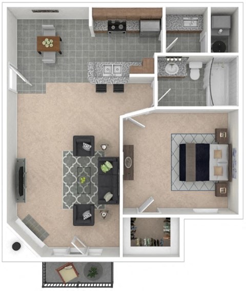 Floor plan for 1 bed, 1 bath, 888 sqft