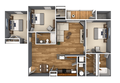 Floor plan for 3 beds, 2 baths, 1262 sqft