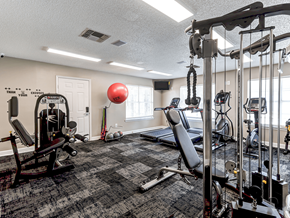 Horn Lake apartment for rent - spacious gym with cardio machines and weights at the enclave at woodbridge apartments gym room
