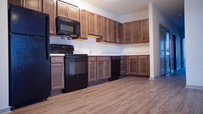 Baltimore apartment for rent - a kitchen with black appliances and wooden cabinets