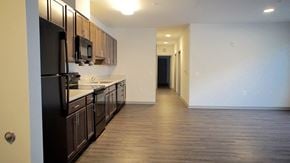Baltimore apartment for rent - an empty kitchen with wood flooring and black appliances