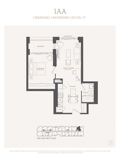Floor plan for 1 bed, 1 bath, 572 sqft