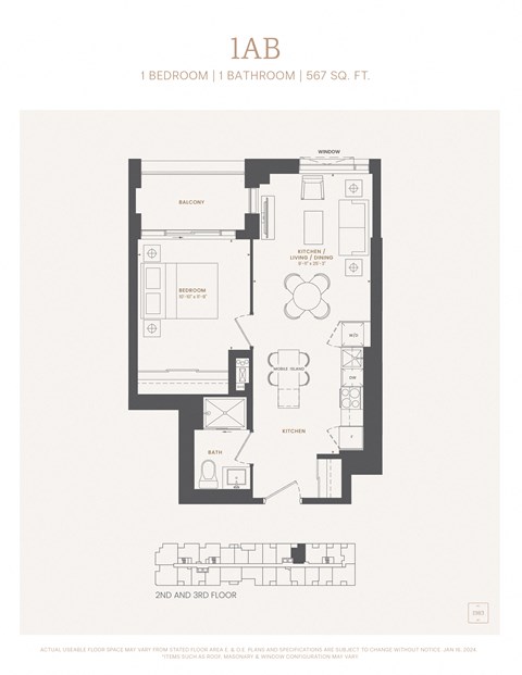 Floor plan for 1 bed, 1 bath, 567 sqft