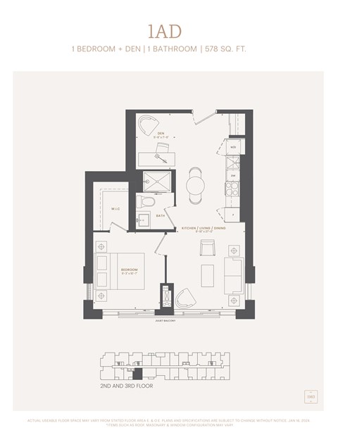 Floor plan for 1 bed, 1 bath, 578 sqft