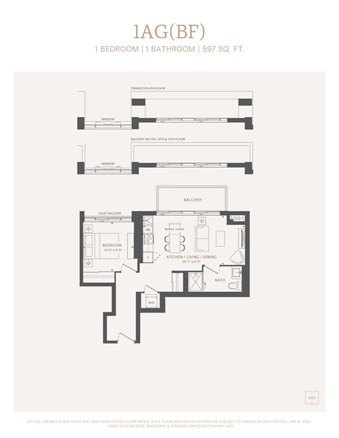 Floor plan for 1 bed, 1 bath, 597 sqft