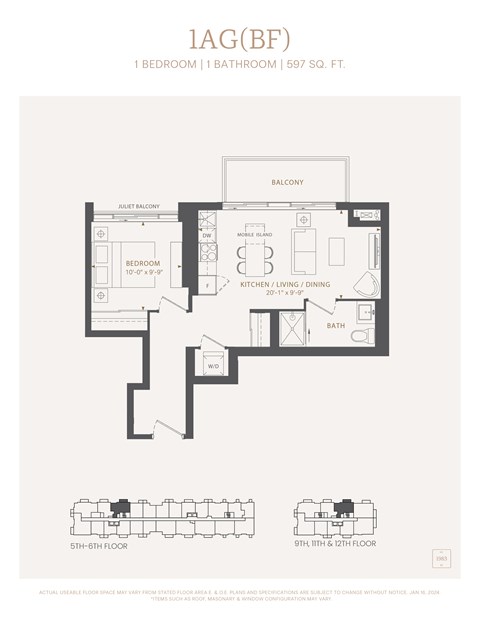 Floor plan for 1 bed, 1 bath, 597 sqft