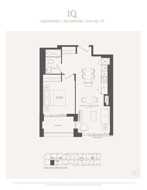 Floor plan for 1 bed, 1 bath, 540 sqft