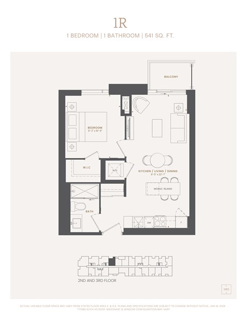 Floor plan for 1 bed, 1 bath, 541 sqft