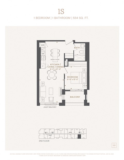 Floor plan for 1 bed, 1 bath, 554 sqft