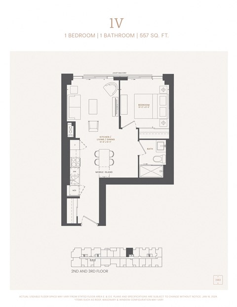 Floor plan for 1 bed, 1 bath, 557 sqft