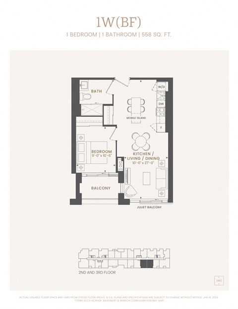 Floor plan for 1 bed, 1 bath, 558 sqft