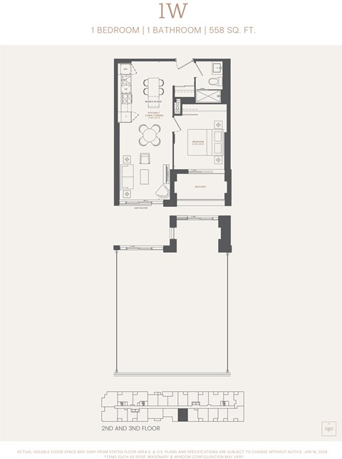 Floor plan for 1 bed, 1 bath, 558 sqft