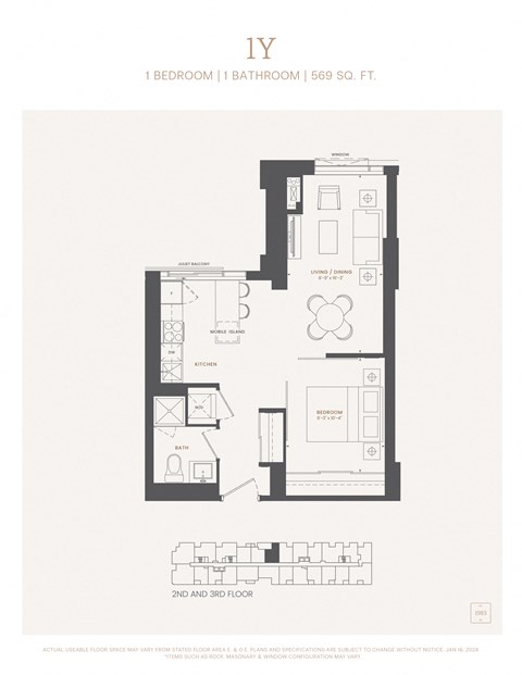 Floor plan for 1 bed, 1 bath, 569 sqft