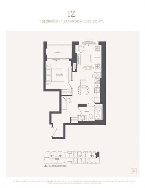 Floor plan for 1 bed, 1 bath, 560 sqft