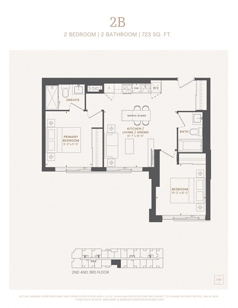 Floor plan for 2 beds, 2 baths, 723 sqft