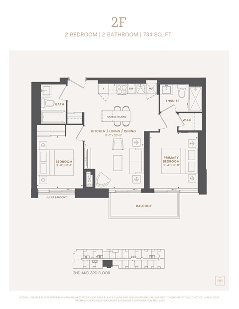 Floor plan for 2 beds, 2 baths, 734 sqft