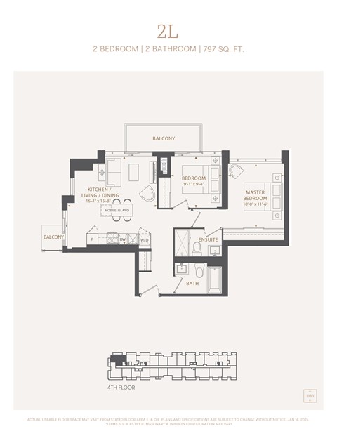 Floor plan for 2 beds, 2 baths, 797 sqft