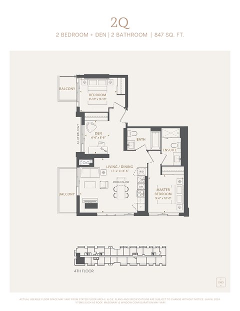Floor plan for 2 beds, 2 baths, 847 sqft