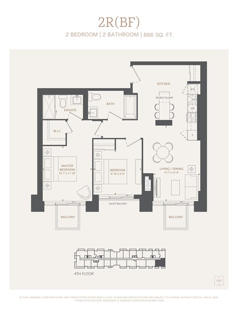 Floor plan for 2 beds, 2 baths, 866 sqft