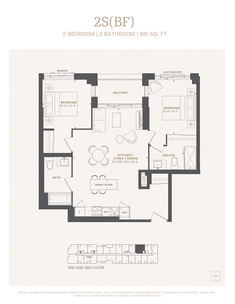 Floor plan for 2 beds, 2 baths, 881 sqft