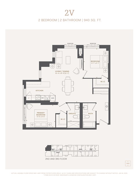 Floor plan for 2 beds, 2 baths, 940 sqft