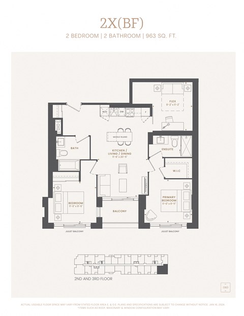 Floor plan for 2 beds, 2 baths, 963 sqft