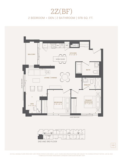 Floor plan for 2 beds, 2 baths, 978 sqft