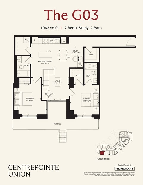 Floor plan for 2 beds, 2 baths, 1063 sqft