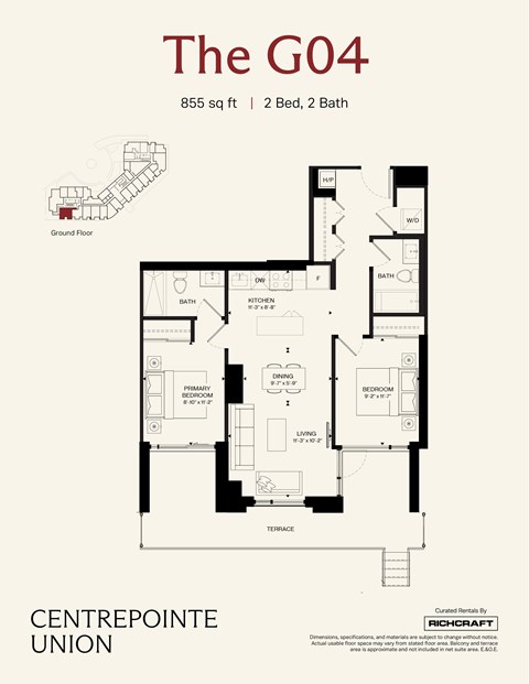 Floor plan for 2 beds, 2 baths, 855 sqft
