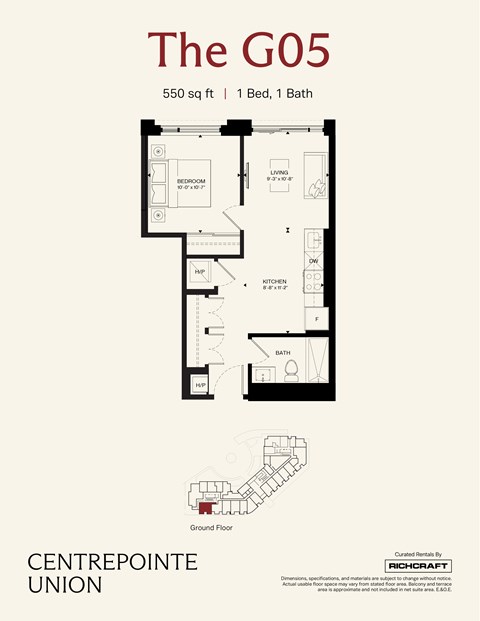 Floor plan for 1 bed, 1 bath, 550 sqft