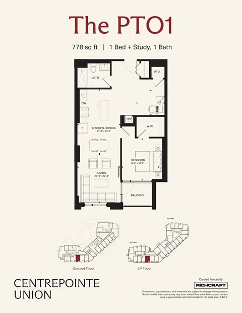Floor plan for 1 bed, 1 bath, 778 sqft