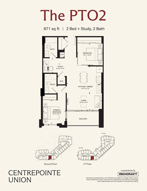 Floor plan for 2 beds, 2 baths, 871 sqft
