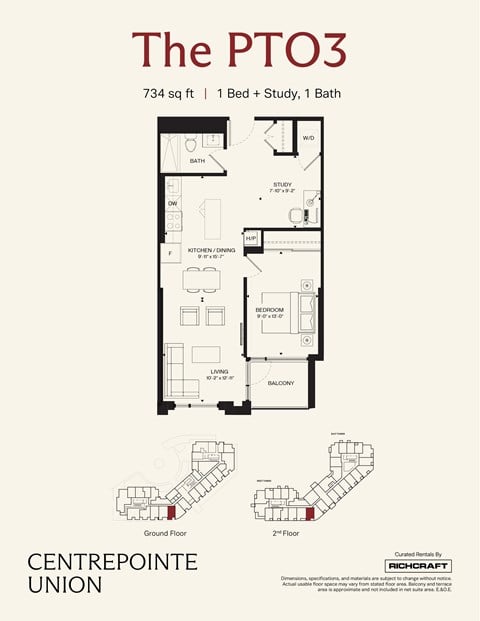Floor plan for 1 bed, 1 bath, 734 sqft