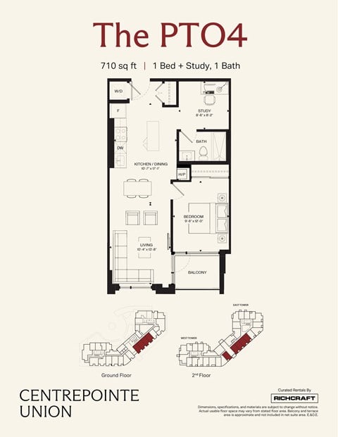 Floor plan for 1 bed, 1 bath, 710 sqft