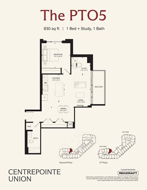 Floor plan for 1 bed, 1 bath, 1034 sqft