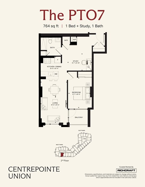 Floor plan for 1 bed, 1 bath, 764 sqft