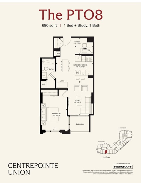 Floor plan for 1 bed, 1 bath, 690 sqft